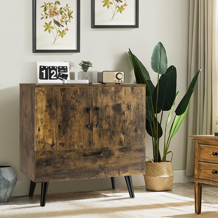 Mid-century storage cabinet in rustic brown with 2 doors and 1 pull-out drawer, perfect for living room organization.